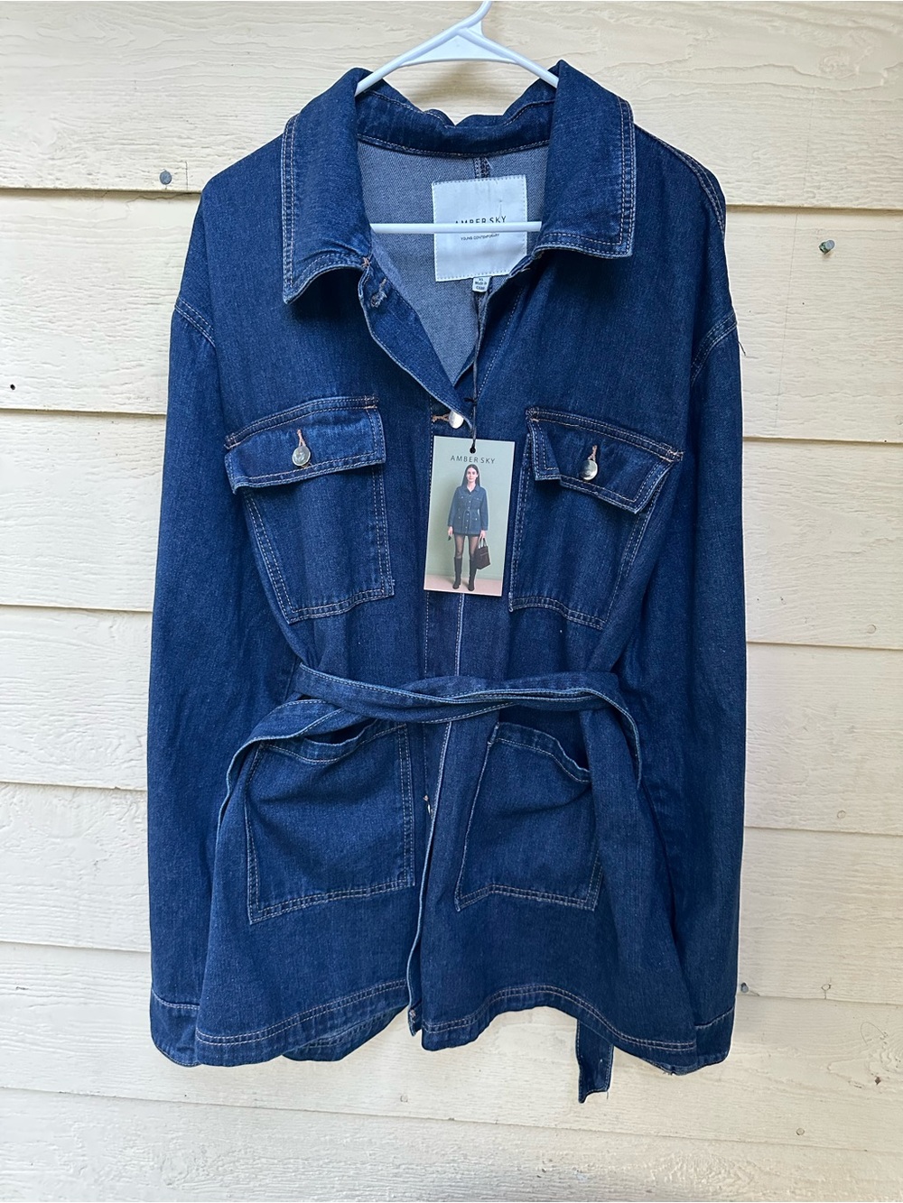 Amber Sky Women's XL Belted Long Denim
Utility Jacket Blue Button Front NWT